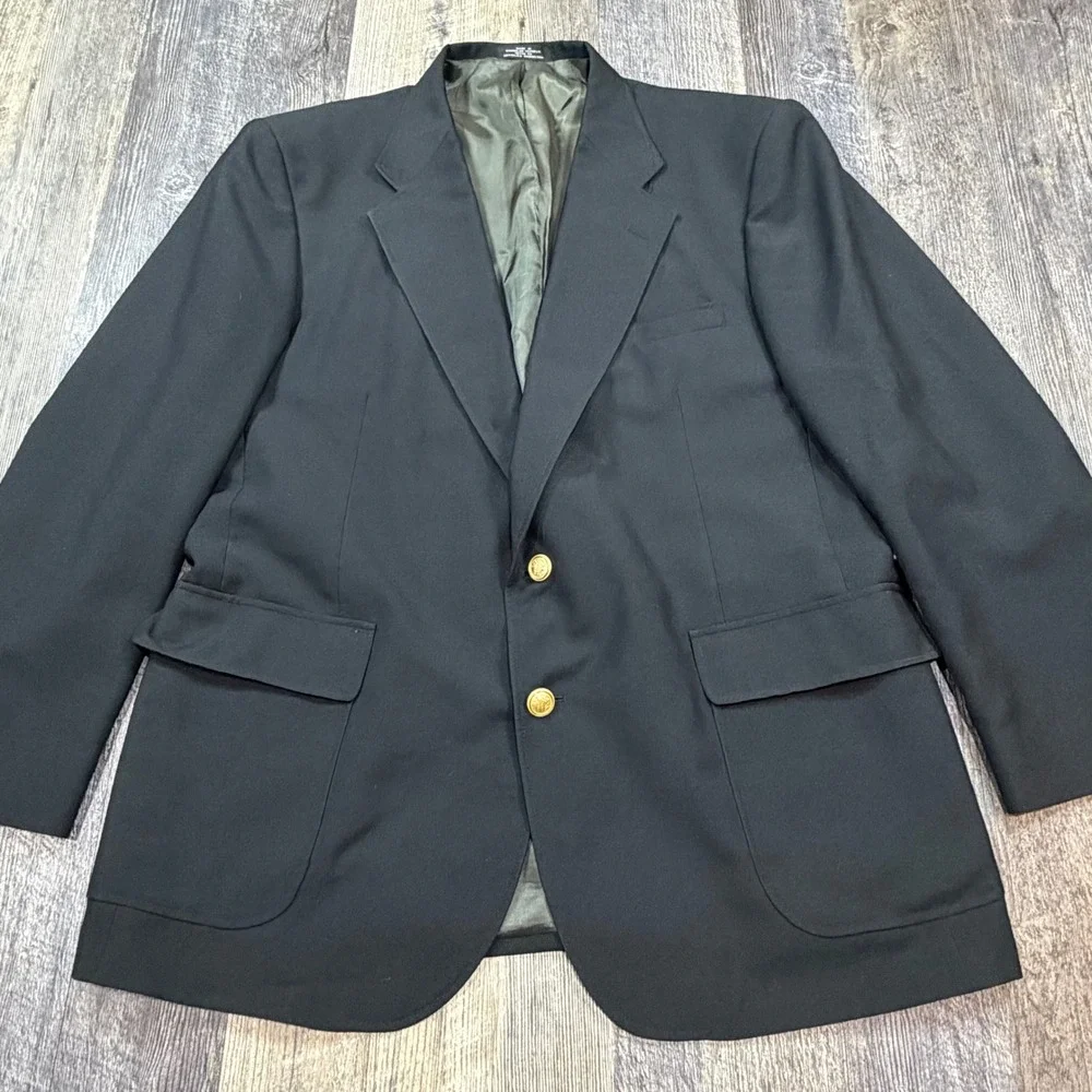 David Taylor Blazer Men 44R Black Gold Crest Button Two Button Sport Coat Jacket